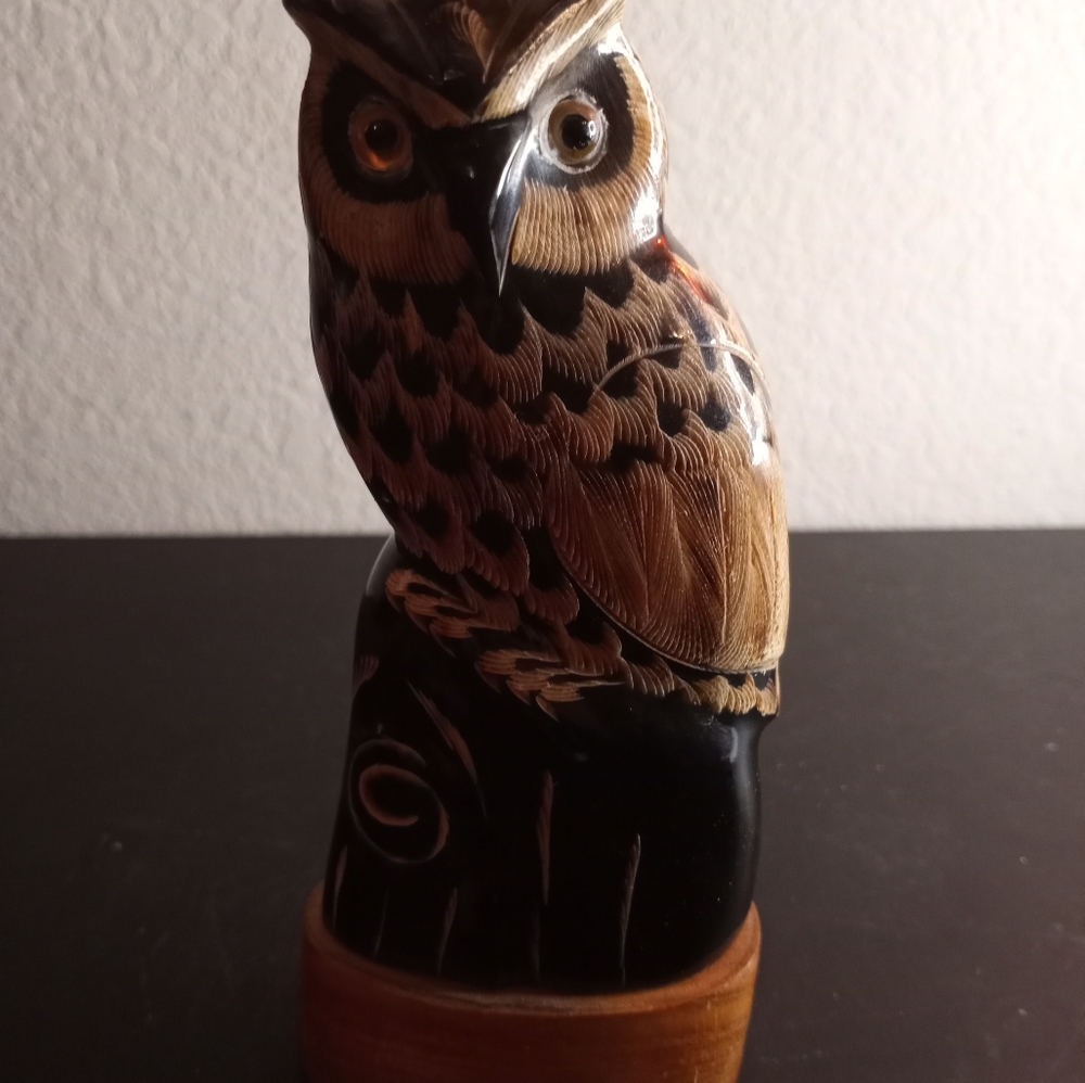 STUNNING RARE Handcarved Buffalo Horn 7" Owl Figurine